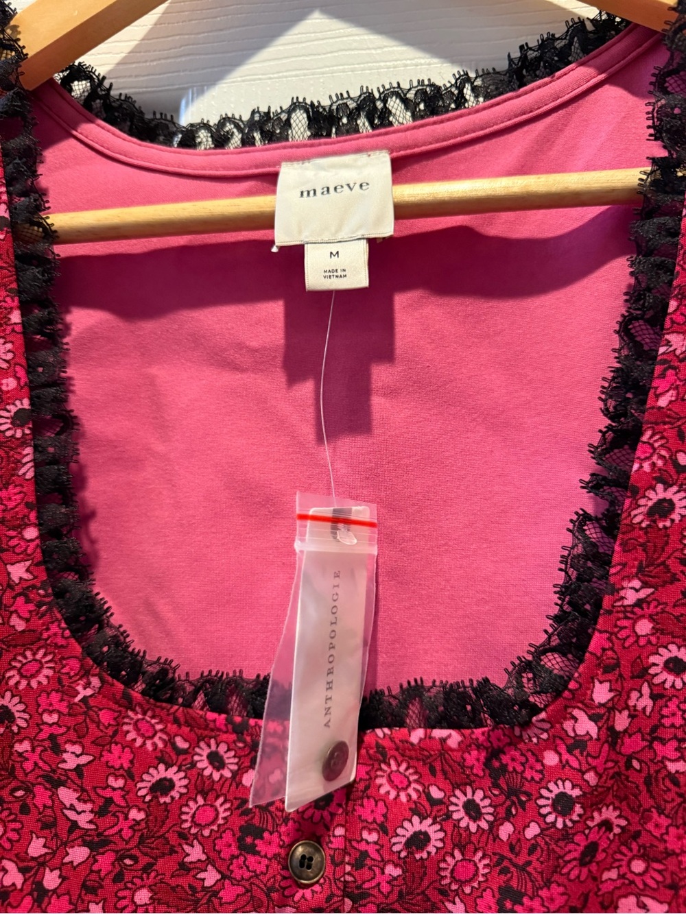 Maeve Pink Floral Scoop-Neck Blouse with Black Lace Trim - Picture 3 of 4